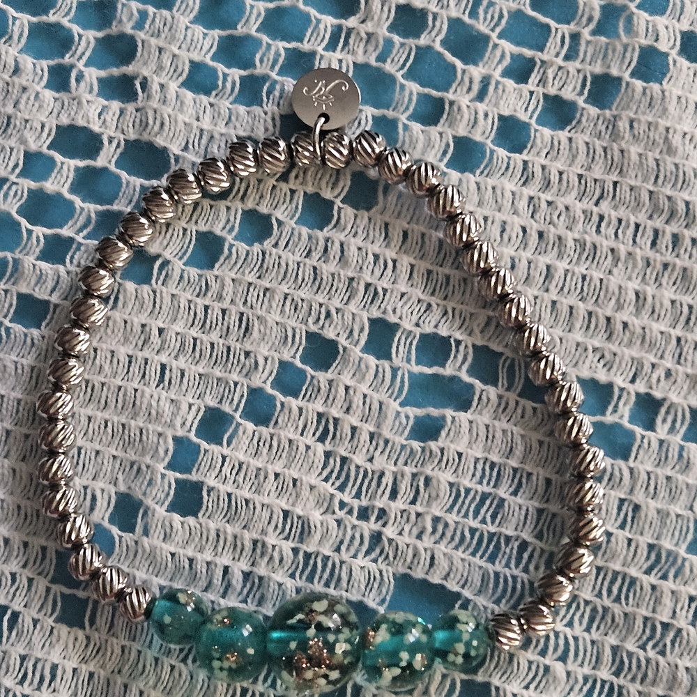 Silver & Teal Beaded Stretch Bracelet - Picture 2 of 5